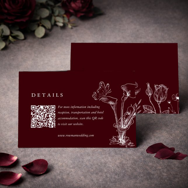 Elegant Floral Burgundy Wedding Details QR Code  Begleitkarte (Von Creator hochgeladen)