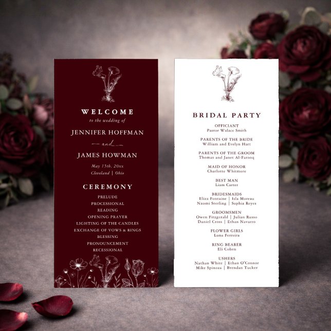 Elegant Floral Burgundy Wedding  Programm (Von Creator hochgeladen)