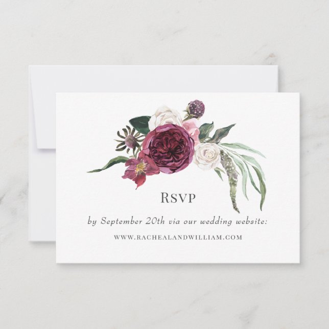 Elegant Floral Burgundy Wedding RSVP Karte (Vorderseite)