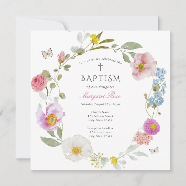 Elegant Floral Butterfly Baptism Invitation (Devant)