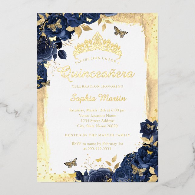 Elegant Floral Butterfly Gold Navy Quinceanera Folieneinladung (Vorderseite)
