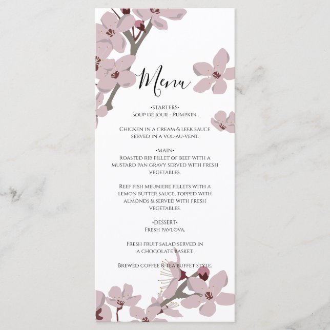 Elegant Floral Cherry Blossom Hochzeit Menükarte (Vorderseite)