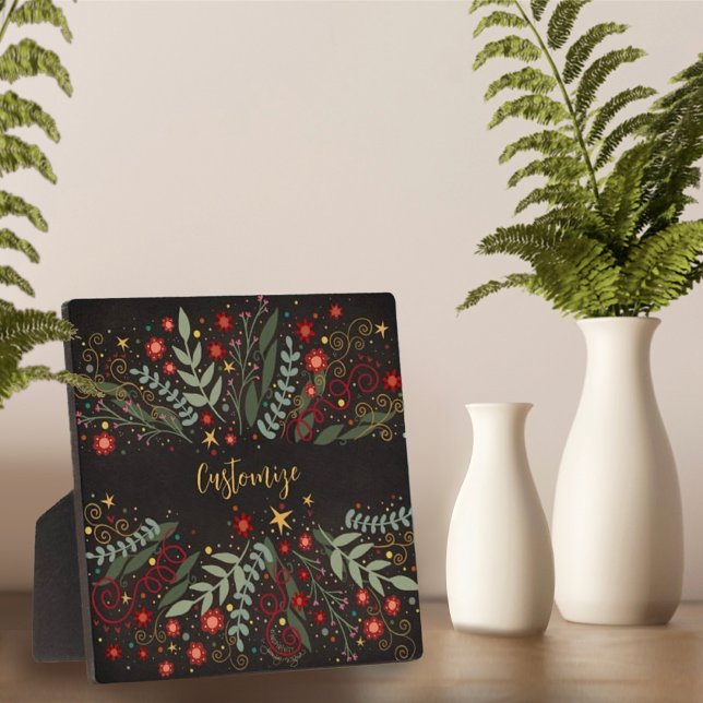 Elegant Floral Christmas Berries Stars Black Fotoplatte (Von Creator hochgeladen)