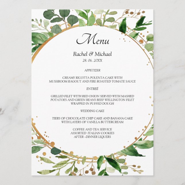 Elegant Floral Circle Green Gold Menükarte (Vorderseite)
