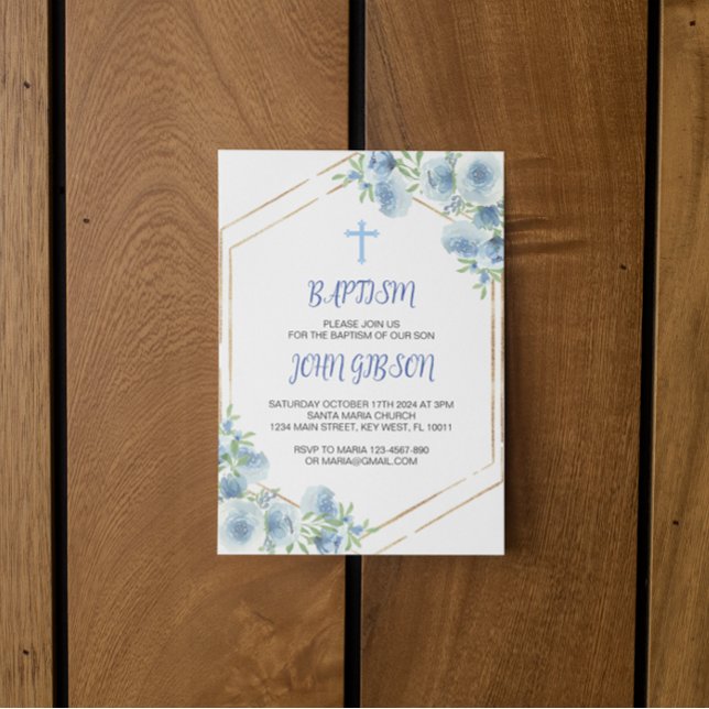 Elégant Floral Croix Baptême Boy Invitation garçon (baptism blue cross boy invitation card)