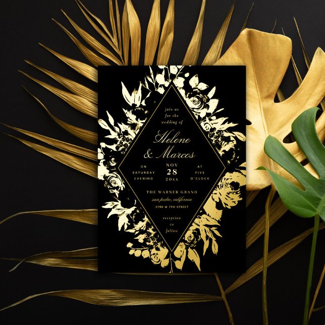 Elegant floral Diamond Wedding Black Gold Folieneinladung (Von Creator hochgeladen)