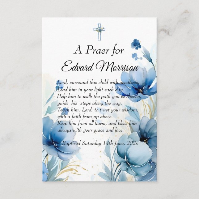 Elegant floral Dusty Blue Baptisse Begleitkarte (Vorderseite)