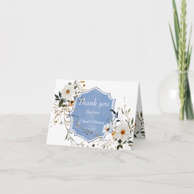 Elegant floral Dusty Blue Baptisse Dankeskarte (Vorderseite)