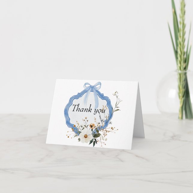 Elegant floral Dusty Blue Baptisse Dankeskarte (Vorderseite)
