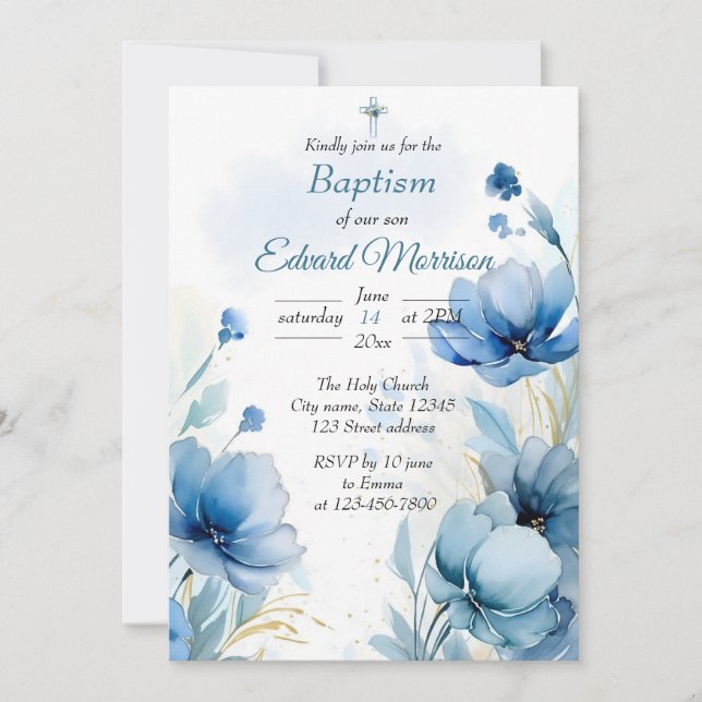 Elegant floral Dusty Blue Baptisse Einladung (Vorderseite)