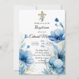 Elegant floral Dusty Blue Baptisse Einladung