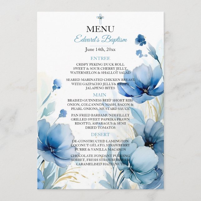 Elegant floral Dusty Blue Baptisse Menükarte (Vorderseite)