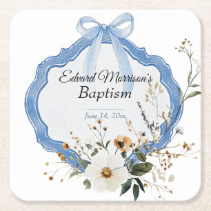 Elegant floral Dusty Blue Baptisse Rechteckiger Pappuntersetzer
