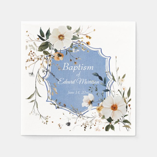 Elegant floral Dusty Blue Baptisse Serviette (Vorderseite)