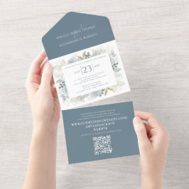 Elegant floral Dusty Blue Classic Greenery QR Code All In One Einladung