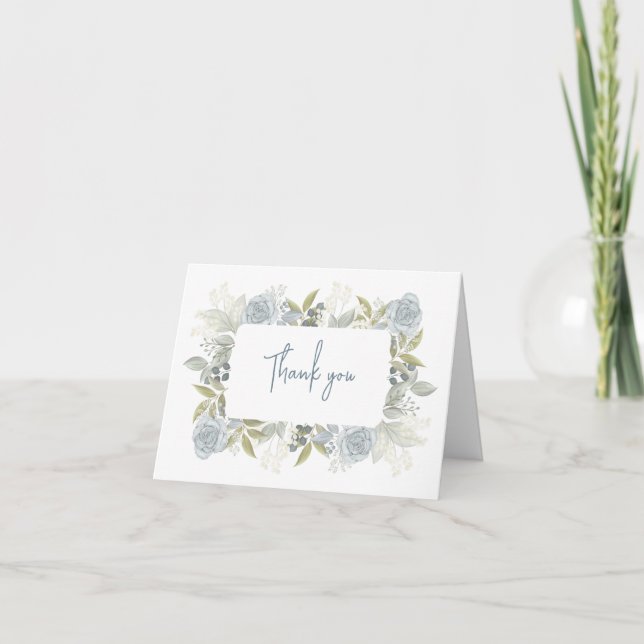 Elegant Floral Dusty Blue Classic Rose Greenery Dankeskarte (Vorderseite)