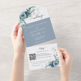 Elegant Floral Dusty Blue Qr Code Hochzeit All In One Einladung