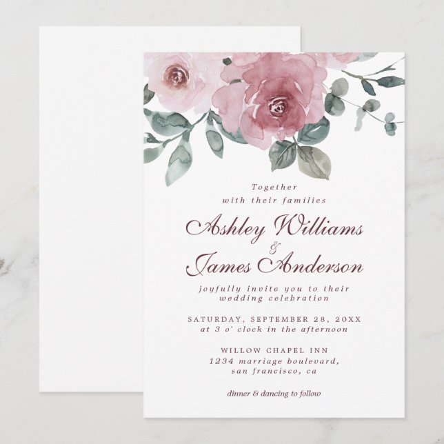Elegant floral Dusty Pink Rose Burgundy Wedding Einladung (Vorne/Hinten)
