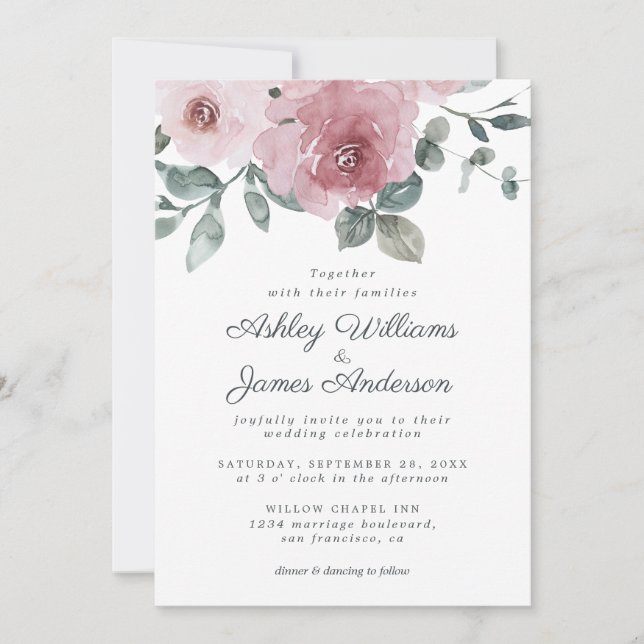 Elegant floral Dusty Rosa Rose Einladung Hochzeit (Vorderseite)