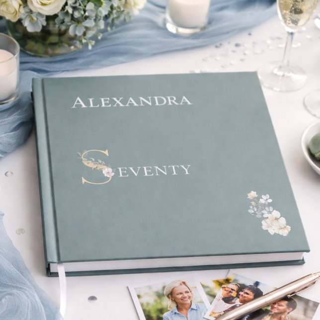 Elegant Floral Dusty Sage 70th Birthday Silver Gästebuch (Von Creator hochgeladen)
