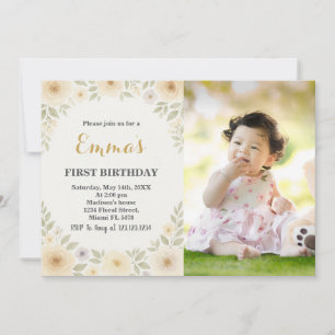 Elégant Floral First Birthday Invitation