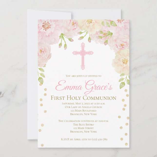 Élégant Floral First Holy Communion Invitation (Devant)