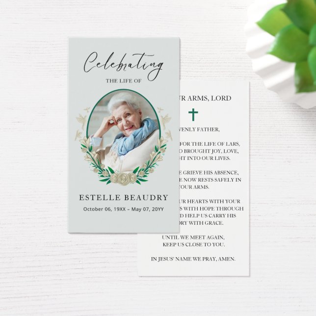 Elegant Floral Funeral Photo Sympathy Prayer Cards (Schreibtisch)