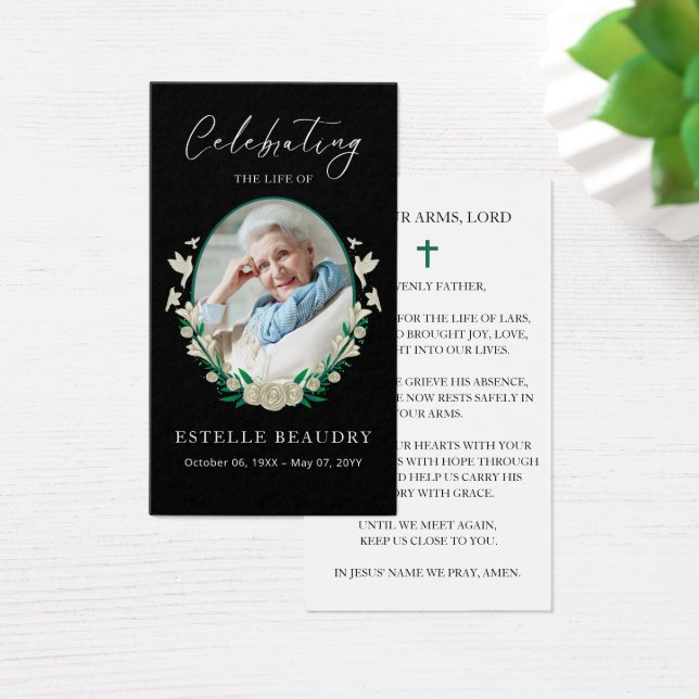 Elegant Floral Funeral Photo Sympathy Prayer Cards (Schreibtisch)