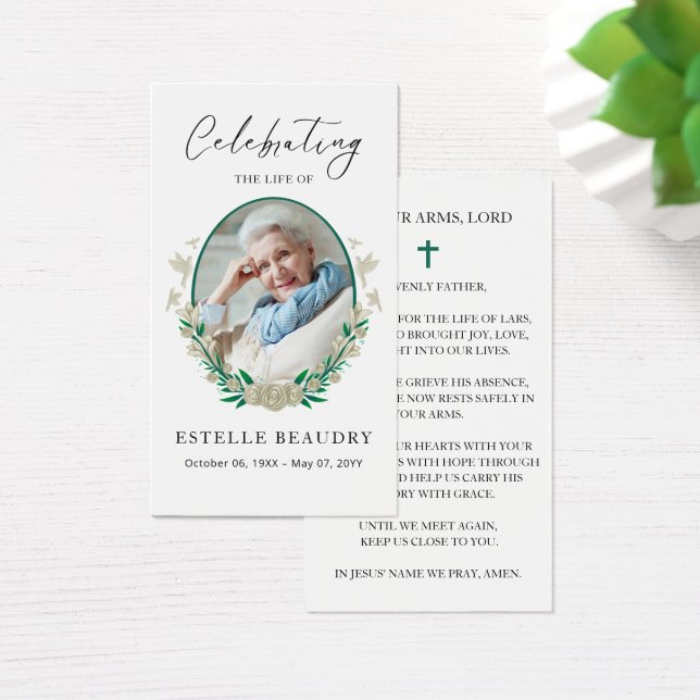 Elegant Floral Funeral Photo Sympathy Prayer Cards (Schreibtisch)