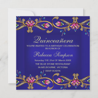 Elegant Floral Gem Blue Quinceañera Einladung