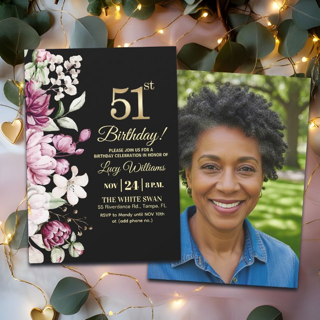 Elegant Floral Gold 51 Birthday Photo Einladung (Von Creator hochgeladen)