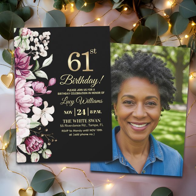 Elegant Floral Gold 61 Birthday Photo Einladung (Von Creator hochgeladen)