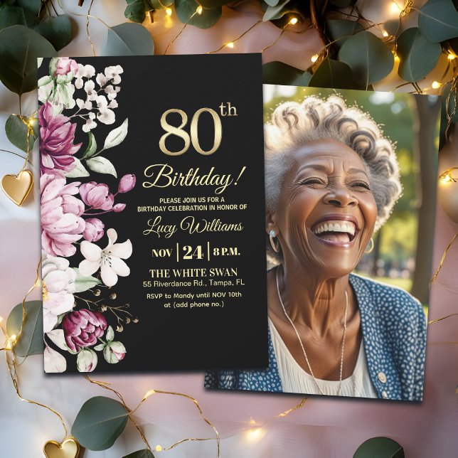 Elegant Floral Gold 80 Birthday Photo Einladung (Von Creator hochgeladen)