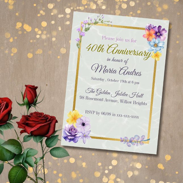 Elegant Floral Gold Frame 40th Birthday Invitation (Créateur téléchargé)