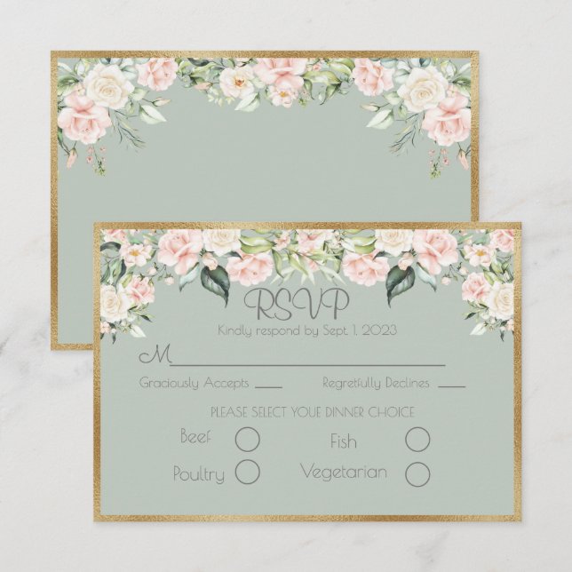 Elegant Floral Gold Green Script Wedding RSVP (Vorne/Hinten)