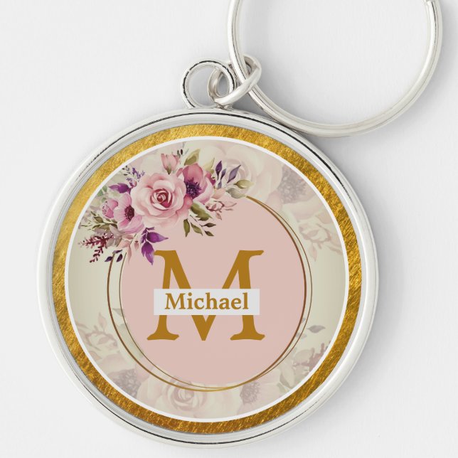 Elegant Floral Gold Monogram | Name & Initial Schlüsselanhänger (Vorne)