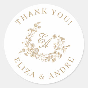 Elegant Floral Gold Monogram Wedding Vielen Dank Runder Aufkleber