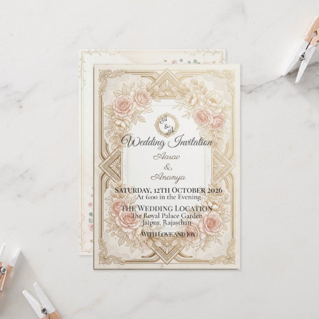 Elegant Floral Gold Wedding Invitation | Editable (Devant/Arrière en situation)