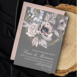 Elegant Floral Gray Pink Wedding Invitation Einladung