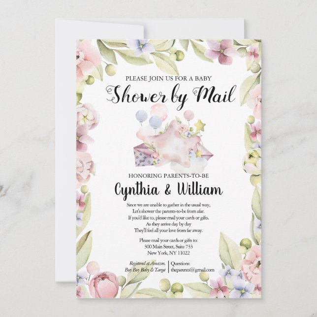 Elegant Floral Greenery Baby Shower by Mail Einladung (Vorderseite)