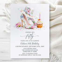 Elegant Floral High Heel Shoes 50th Birthday Party Einladung