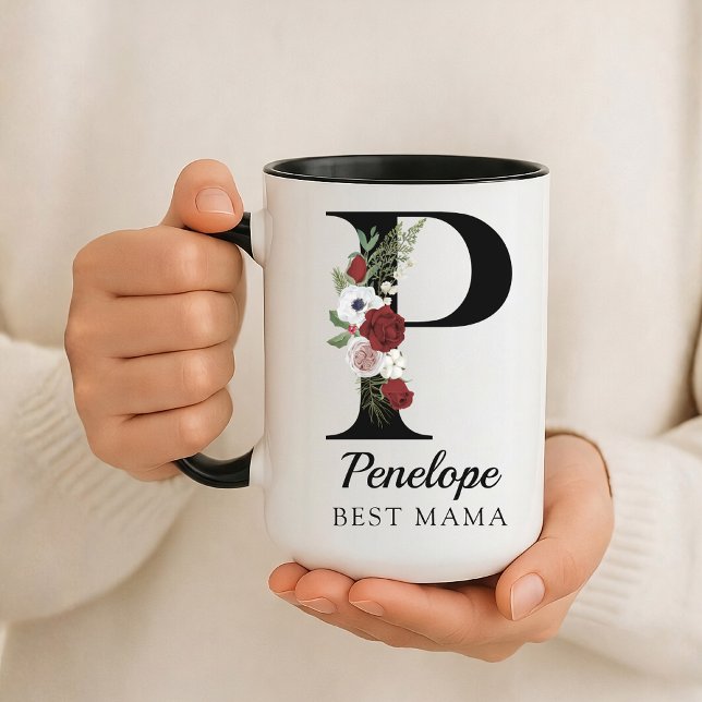 Elegant Floral Initial Custom Mug Gift for New Mom Tasse (Personalized Monogram Floral Alphabet Mug for Mom, Grandma, Teacher, Nurse, Lawyer or Bridesmaid)