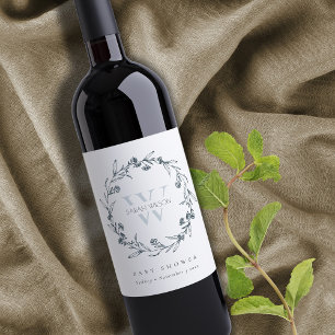 Elegant Floral Laurel Wreath Monogram Baby Shower Weinetikett