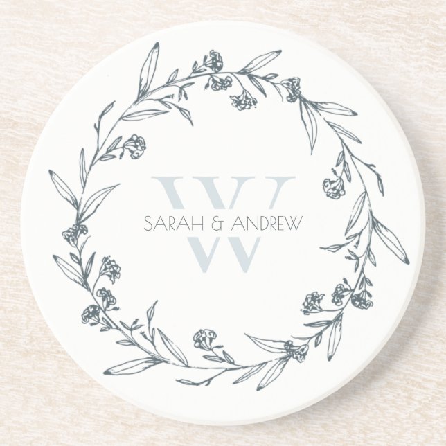 Elegant Floral Laurel Wreath Monogram Wedding Getränkeuntersetzer (Vorne)
