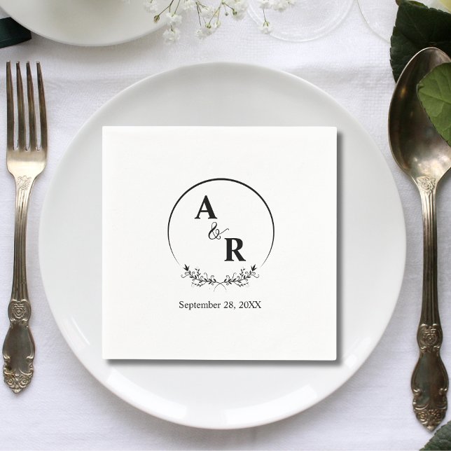 Elegant Floral Laurel Wreath Wedding Initials Serviette (Elegant floral laurel wreath initials napkins add timeless charm to your wedding table)