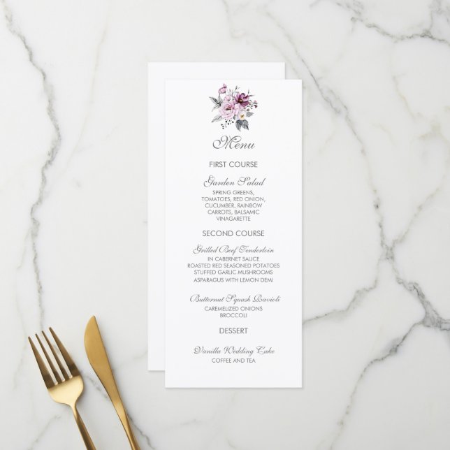 Elegant Floral Lavender Blue Wedding Menükarte (Vorderseite/Rückseite Beispiel)