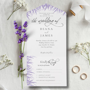 Elegant Floral Lavender Calligraphy Wedding All In One Einladung