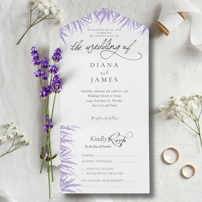 Elegant Floral Lavender Calligraphy Wedding All In One Einladung (Von Creator hochgeladen)