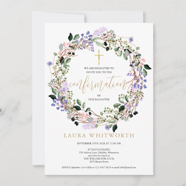 Elegant Floral Lavender Garland Bestätigung Einladung (Vorderseite)