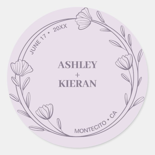 Elegant Floral Lavender Wedding Runder Aufkleber (Vorderseite)